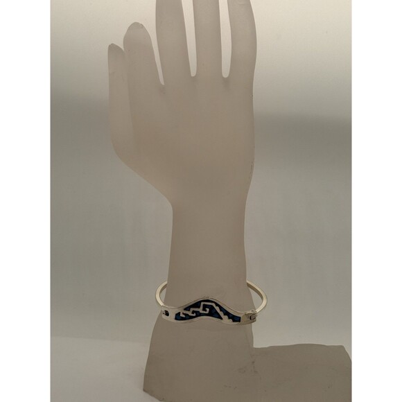 VINTAGE TAXCO MEXICO STERLING SILVER & TURQUOISE INLAY BRACELET LATCHING BANGLE - Picture 11 of 11
